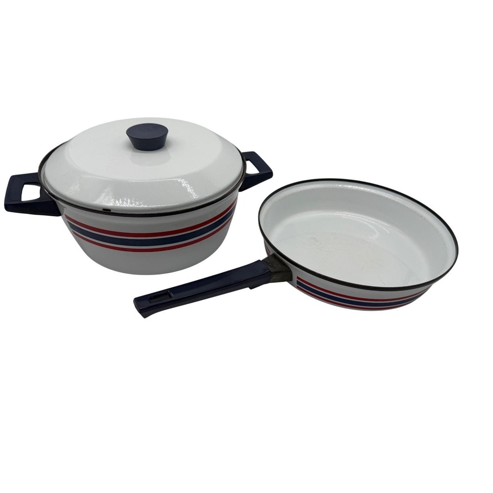 Vintage Cathrineholm Club Celebration Norway Enamel‎ Cookware 2pc White Blue MCM